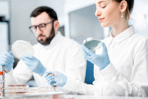 Couple of medics in uniform making bacteriological tests sitting in the modern laboratory