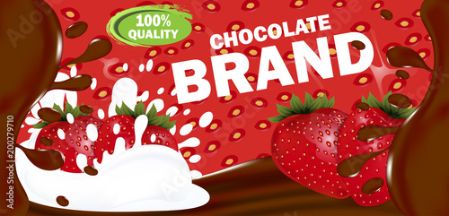 Design horizontal template label milky or bitter Chocolate with strawberry filling. Vector