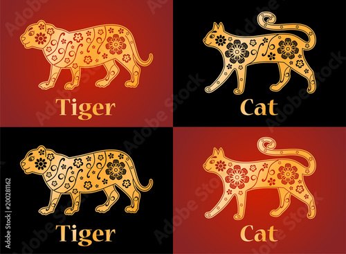 Tiger, cat, symbols of the Chinese horoscope 2022, 2023 years. Floral gold ornament