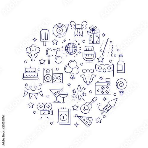 Event, party, entertainment, birthday outline vector icons in circle design