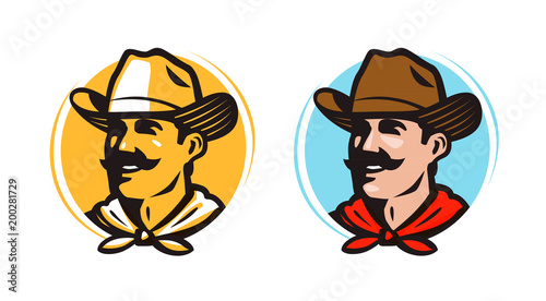 American cowboy, sheriff logo or label. Farmer, grower, farm icon. Cartoon vector illustration