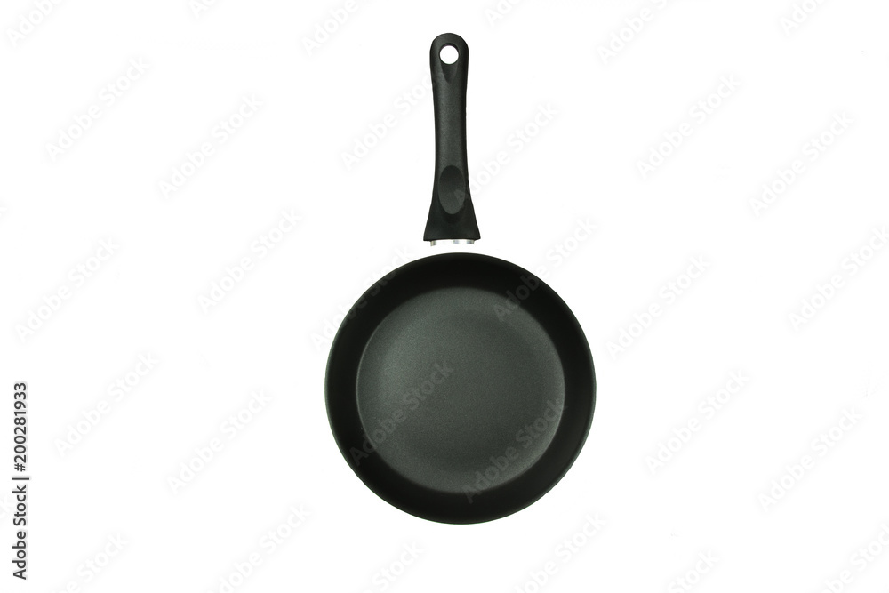 Empty pan black with silver edge. Top view. isolated on white. Concept food. CLose up. Empty pan black with silver edge. Top view. isolated on white. Concept food. CLose up.
