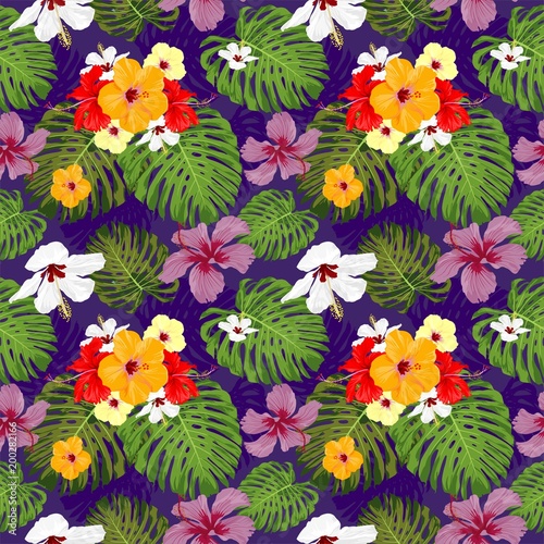 Topical Botany Hibiscus flower and Monstera leaf vector seamless pattern chic fashion design with dark purple color  background
