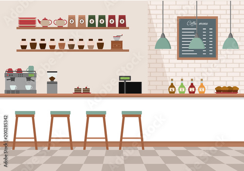 Empty cafe interior. Coffee shop with white bar counter, shelves and equipments. Flat design vector illustration.