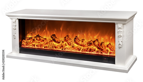 modern decorative electric fireplace with a beautiful burning flame  isolated photo on a white background