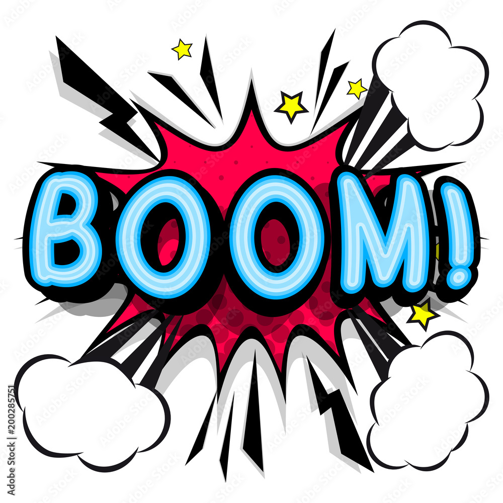 Boom - retro lettering with shadows, halftone pattern on retro poster background. Vector bright illustration in vintage pop art style. Boom - retro lettering with shadows, halftone pattern on retro poster background. Vector bright illustration in vintage pop art style.