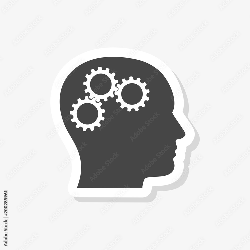 Head with gears concept sticker, simple vector icon Head with gears concept sticker, simple vector icon