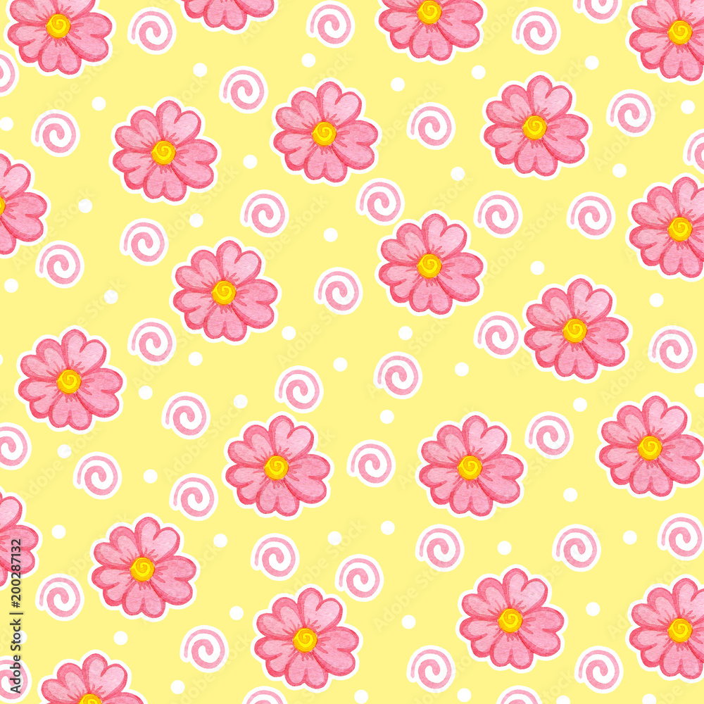 Pattern with pink flowers on a yellow background Watercolor illustration