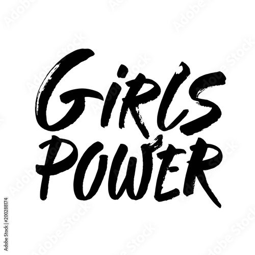 Girl power text, feminism slogan. Black inscription for t shirts, posters and wall art. Feminist sign handwritten with ink and brush.