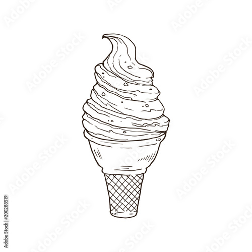 Hand drawn ice cream sketches isolated on white background. Icecream in waffle cone in line art style. Vector illustration.
