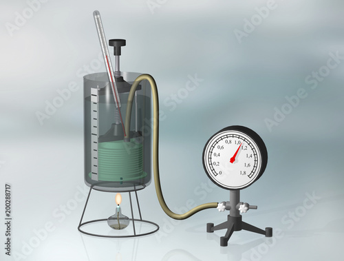 Sylphon, manometer, thermometer, burner. Science classrooms experiment, 3D illustration. Study of gas laws. Isochoric process. Charles's law. Thermodynamic, physics.