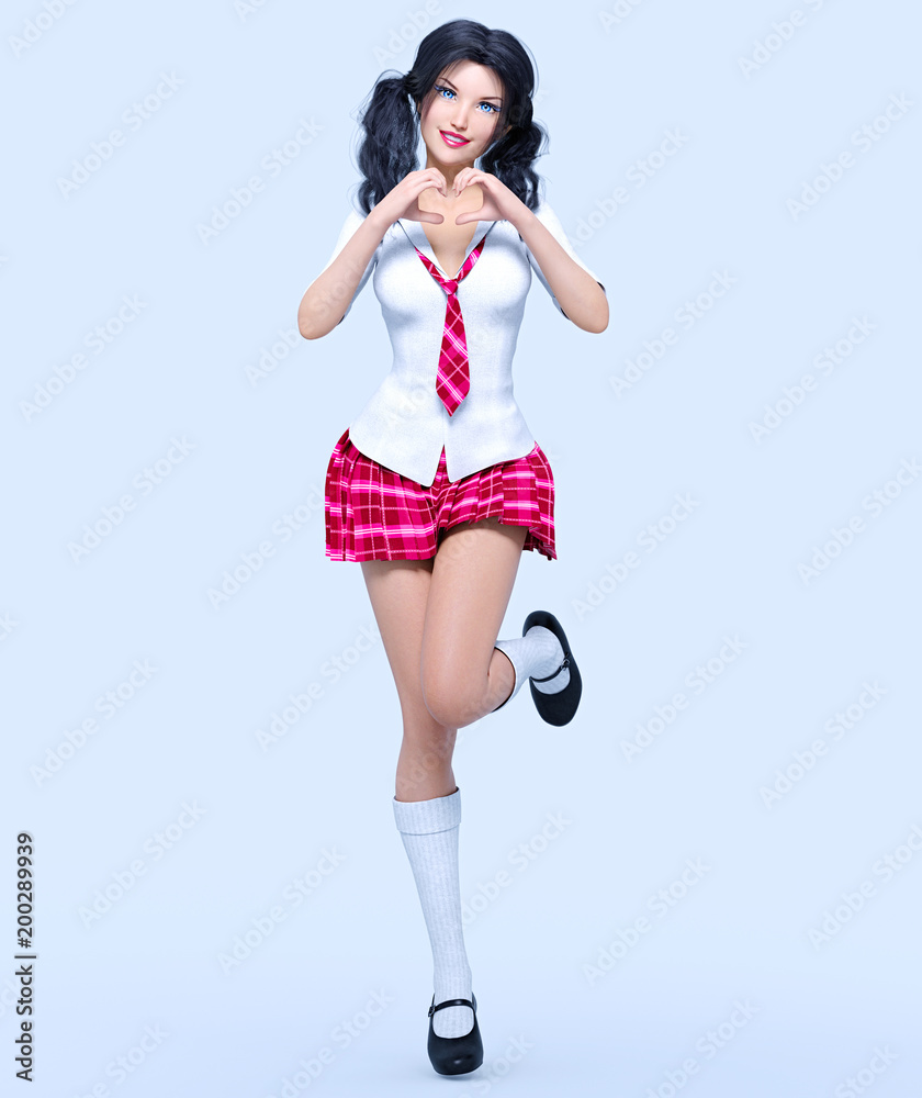 3D beautiful young attractive girl school uniform.White blouse, red short  skirt cage.Woman studio photography. High heel. Conceptual fashion art.  Seductive candid pose. Realistic render illustration Stock Illustration |  Adobe Stock