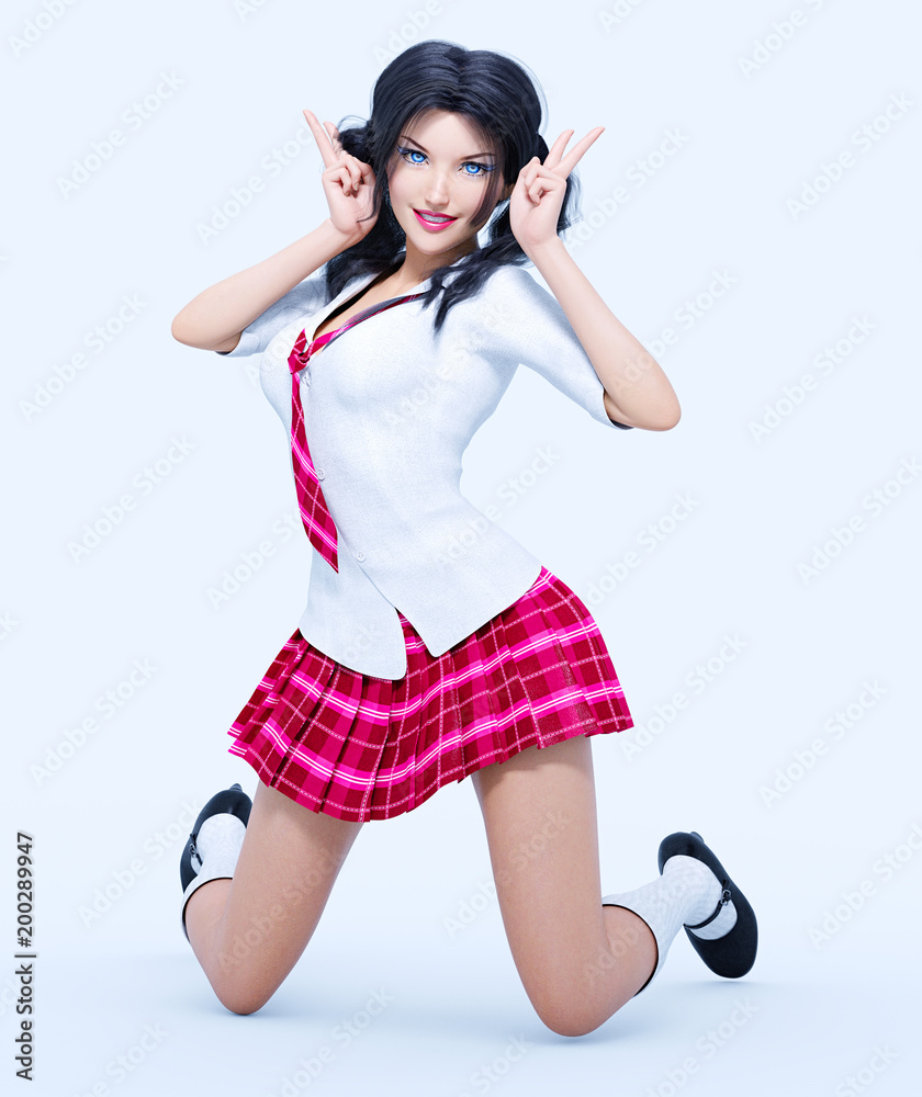 3D beautiful young attractive girl school uniform.White blouse, red short  skirt cage.Woman studio photography. High heel. Conceptual fashion art.  Seductive candid pose. Realistic render illustration Illustration Stock |  Adobe Stock