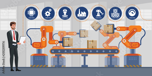 Businessman using tablet to control automation robot arm machine in smart factory industrial. Industry 4.0 infographics.