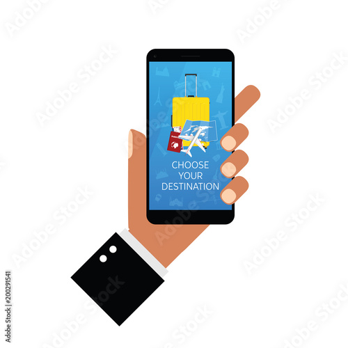 smartphone with travel sign on it in hand illustration