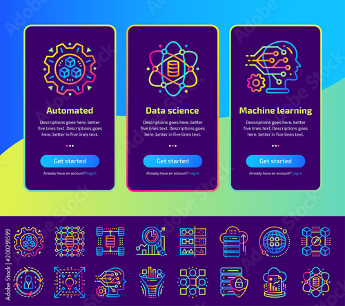 Onboarding app screens of Data science technology and machine learning process icons set. Suitable for Interface UI, UX, mobile apps, websites.