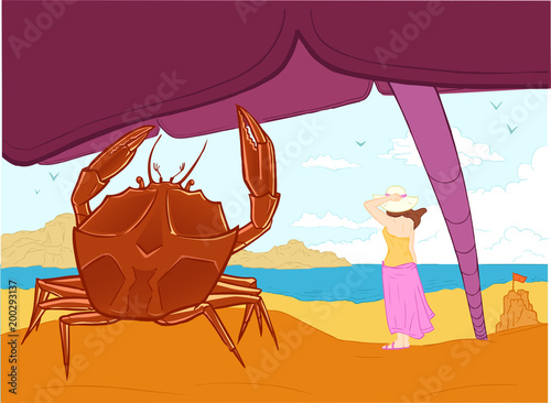Summer Landscape Crab on the beach, girl and sand castle
