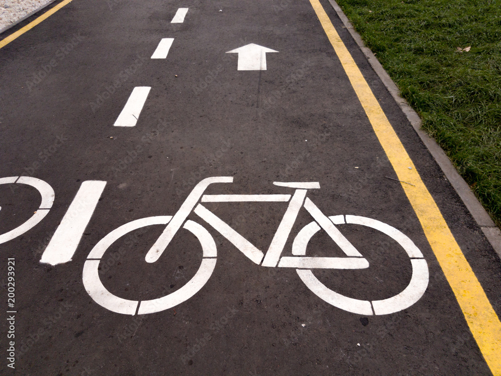 White bicycle sign with arrow on the asphalt, bike road sign on the street, bicycle lane sign on street, gray background White bicycle sign with arrow on the asphalt, bike road sign on the street, bicycle lane sign on street, gray background