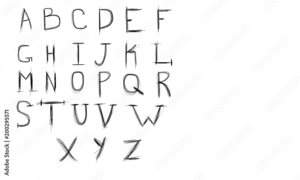 English alphabet sequentially made with pencil on white background English alphabet sequentially made with pencil on white background