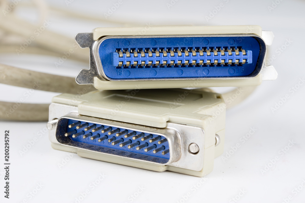 VGA, COM and LPT computer cables on the service table. Computer accessories for connecting peripheral devices. VGA, COM and LPT computer cables on the service table. Computer accessories for connecting peripheral devices.