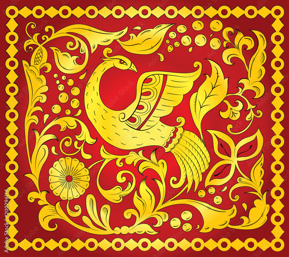 Traditional folk ornament of the Russian North with golden bird of happiness on red background