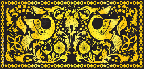 Traditional folk ornament of the Russian North with golden bird of happiness on black background