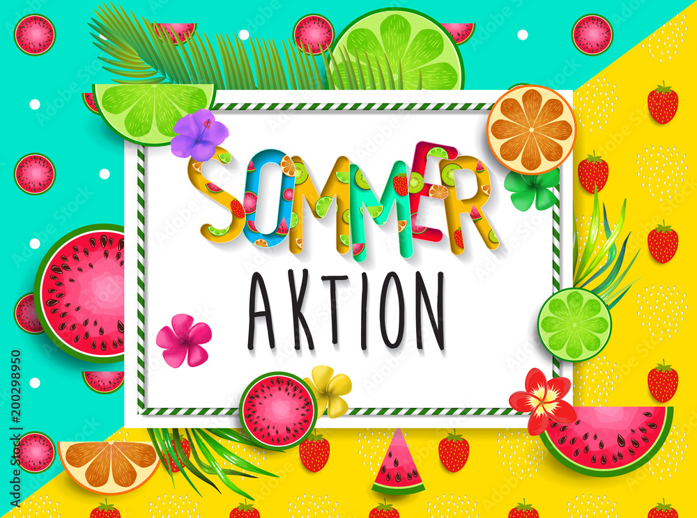Naklejka premium Sommeraktion. Summer design vector banner with fruits background and exotic palm leaves, hibiscus flowers.