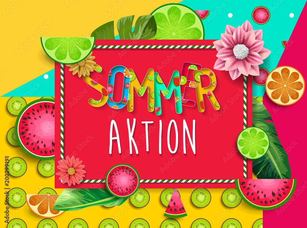 Sommeraktion. Summer design vector banner with fruits background and exotic palm leaves, hibiscus flowers. Sommeraktion. Summer design vector banner with fruits background and exotic palm leaves, hibiscus flowers.