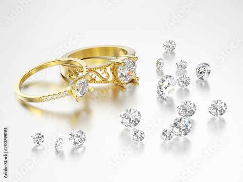 3D illustration two different gold decorative diamond rings and group of diamonds