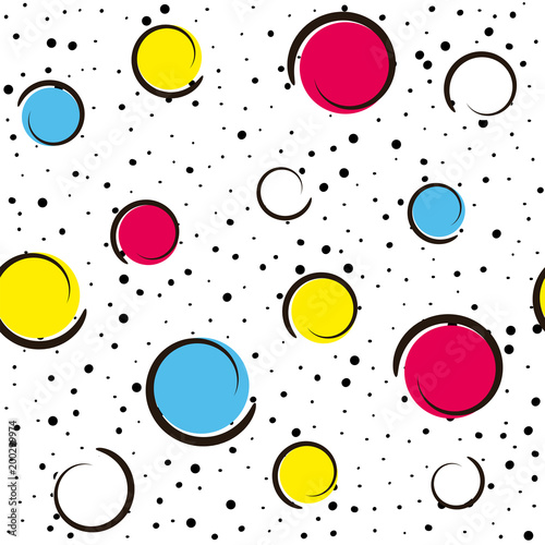 Pop art colorful confetti background. Big colored spots and circles on white background with black dots and ink lines. Vector illustration.