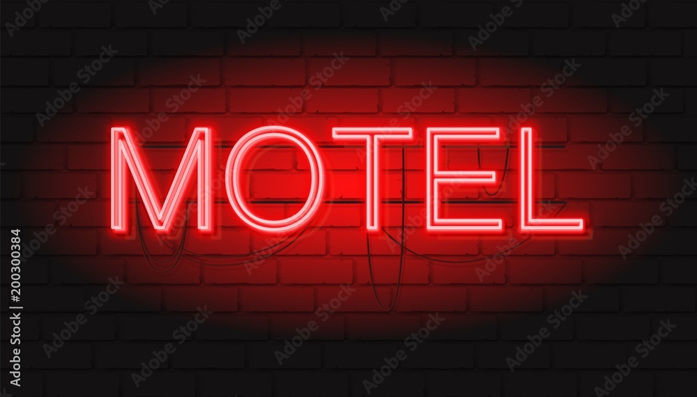 Obraz premium Neon red sign MOTEL. Vector illustration with Neon graphic style. Brickwall as background.