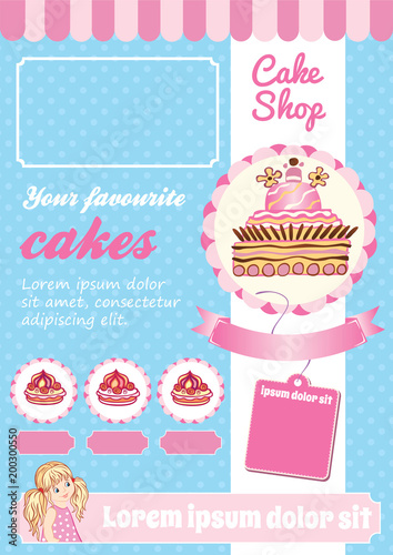 Cake and Dessert Shop Template, blue and pink vector background, cartoon illustrations