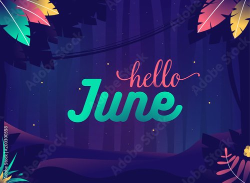 Hello june background. Summer night with crickets. Jungle with plants and stars