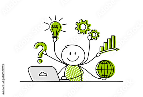 Illustration with funny stickman showing company success. Vector.