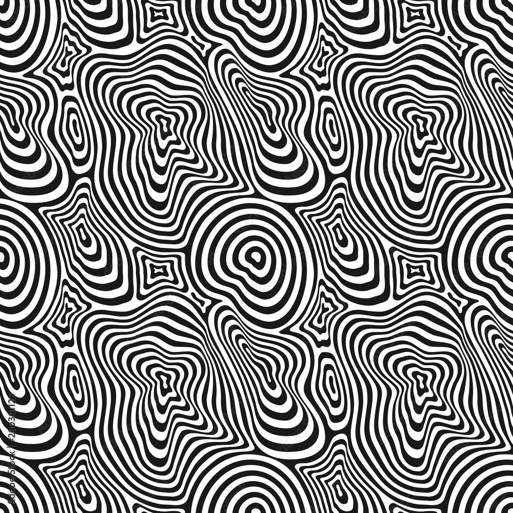 Vector seamless pattern. Thin curved lines, striped black & white background. Abstract dynamic rippled texture, moving surface. 3D optical effect, illusion of movement. Pop art design, repeat tiles