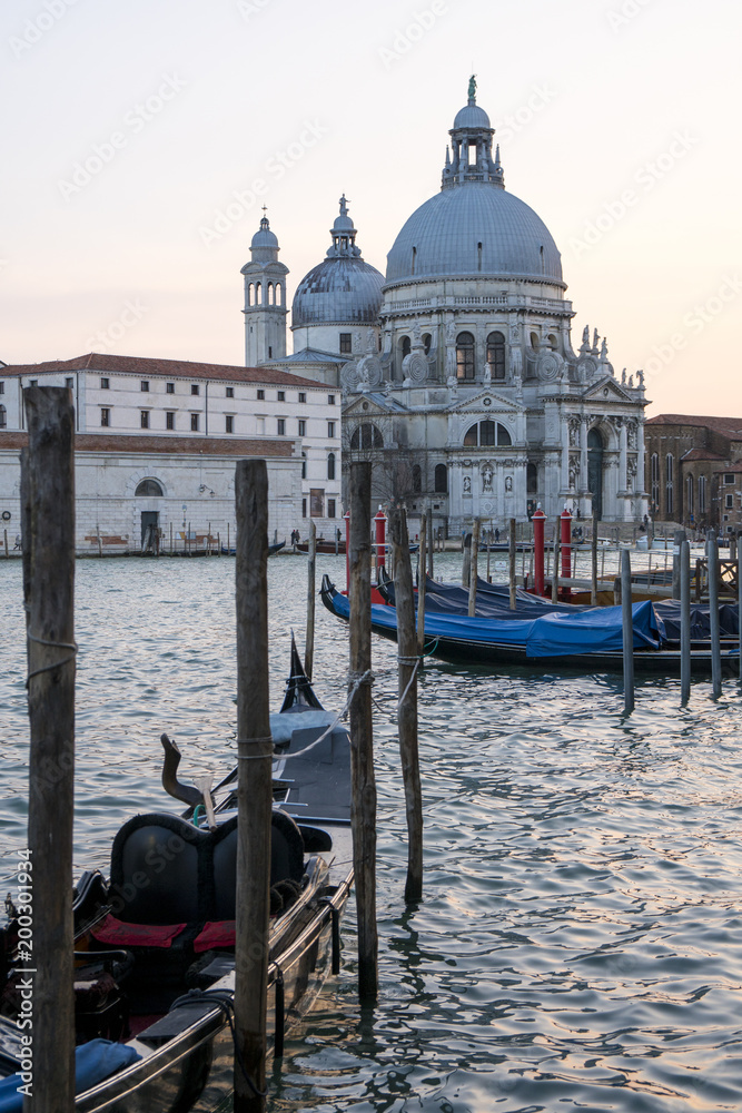 Venice, Italy: Santa Maria della Salute on the Grand Canal with some moored gondolas