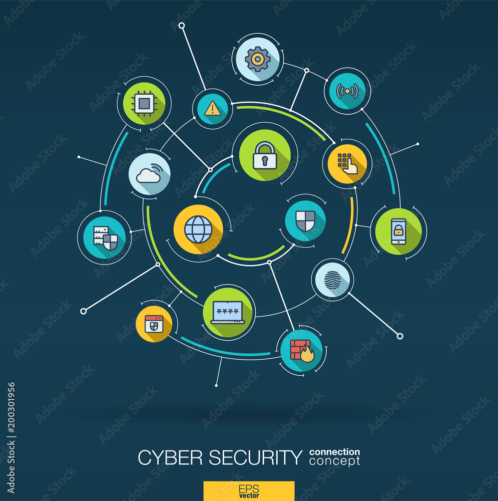 Abstract cyber security background. Digital connect system with integrated circles and flat icons. Network interact interface concept. Virus protection, technology vector infographic illustration