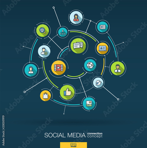 Abstract Social Media background. Digital connect system with integrated circles, flat thin line icons, long shadows. Network interact interface concept. Market vector infographic illustration