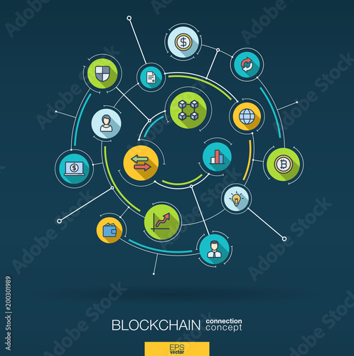 Abstract blockchain, crypto, fintech background. Digital connect system with integrated circles and flat icons. Network interact interface concept. Finance technology vector infographic illustration
