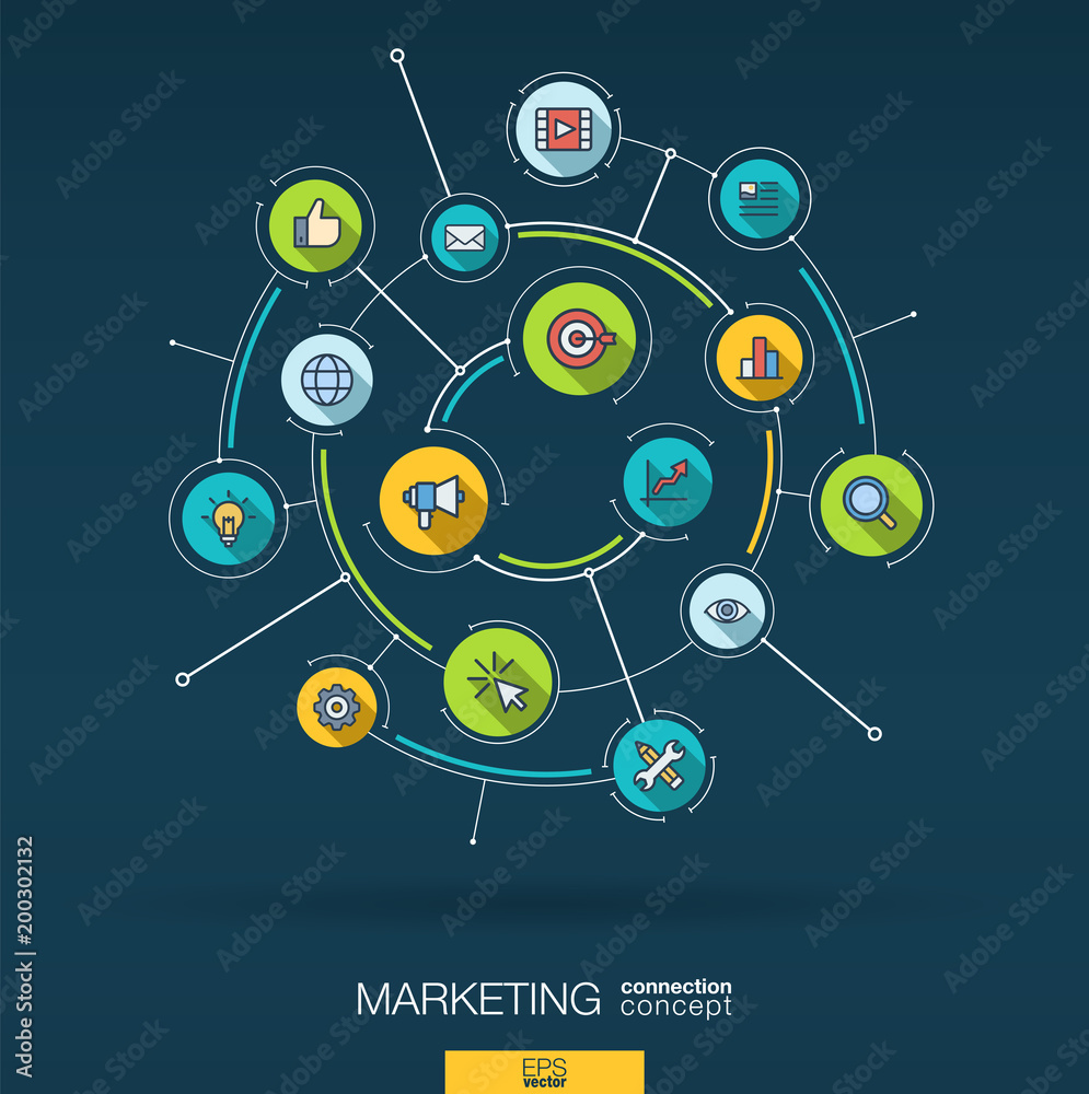 Abstract marketing and seo background. Digital connect system with integrated circles, flat icons. Network interact interface concept. Data optimization, sale analytics vector infographic illustration
