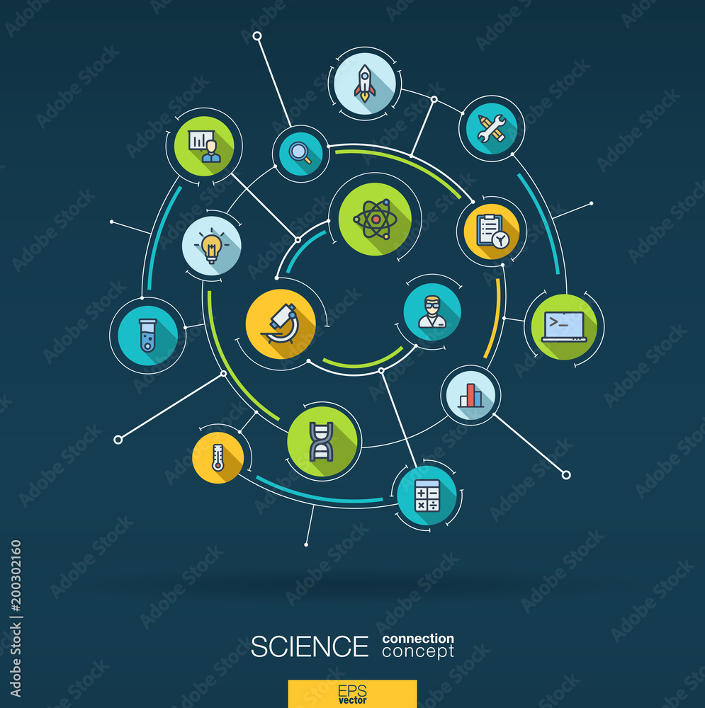 Abstract science technology background. Digital connect system with integrated circles, flat thin line icons, long shadows. Network interact interface concept. Vector infographic illustration