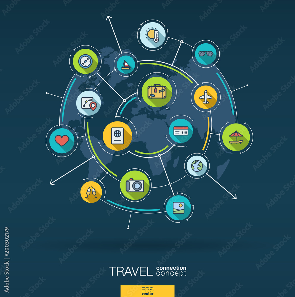 Abstract travel and tourism background. Digital connect system with integrated circles, flat icons. Network interact interface concept. Hotel booking, holiday, vacation vector infographic illustration Abstract travel and tourism background. Digital connect system with integrated circles, flat icons. Network interact interface concept. Hotel booking, holiday, vacation vector infographic illustration