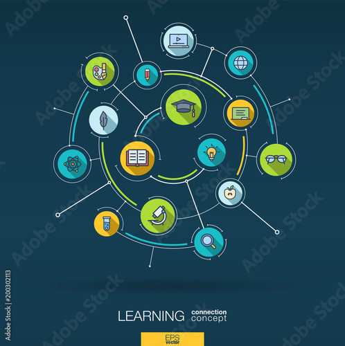 Abstract education and learning background. Digital connect system, integrated circles, flat icons. Network interact interface concept. Elearning, graduation, school vector infographic illustration