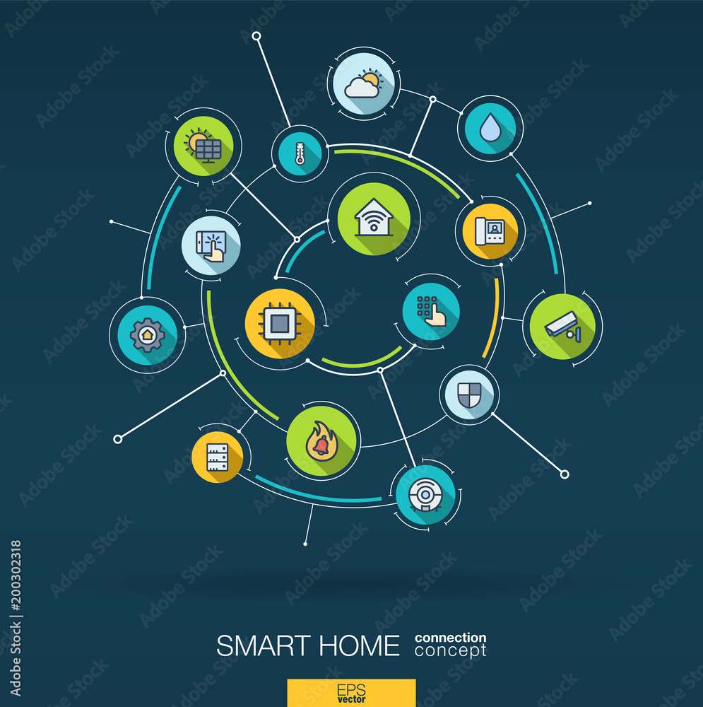 Abstract smart home wireless technology background. Digital connect system, integrated circles, flat thin line icons, long shadows. Network interact interface concept. Vector infographic illustration Abstract smart home wireless technology background. Digital connect system, integrated circles, flat thin line icons, long shadows. Network interact interface concept. Vector infographic illustration
