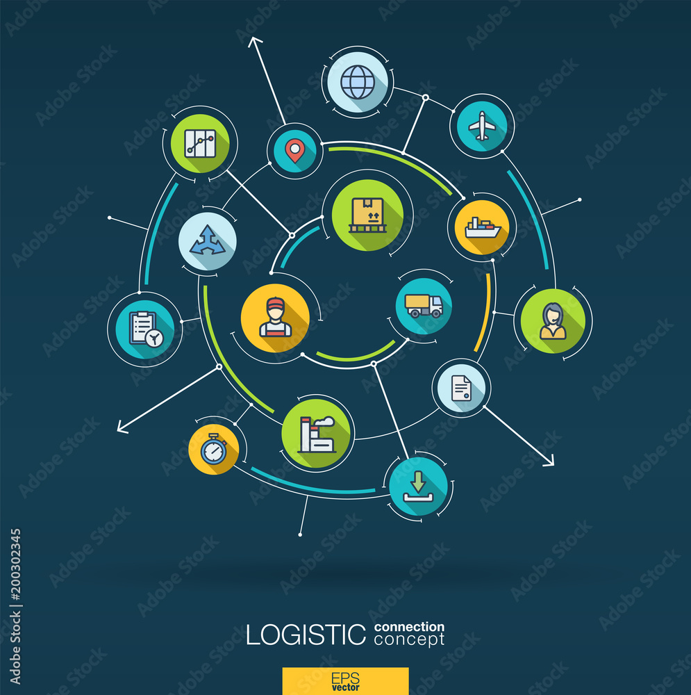 Abstract logistic and distribution background. Digital connect system with integrated circles, flat thin line icons, long shadows. Network interact interface concept. Vector infographic illustration Abstract logistic and distribution background. Digital connect system with integrated circles, flat thin line icons, long shadows. Network interact interface concept. Vector infographic illustration