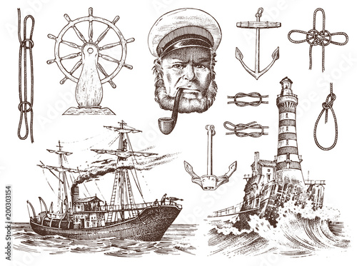 Boatswain with pipe. Lighthouse and sea captain, marine sailor, nautical travel by ship. engraved hand drawn vintage style. summer adventure. Seagoing vessel and rope knots. Boat wheel and anchor.
