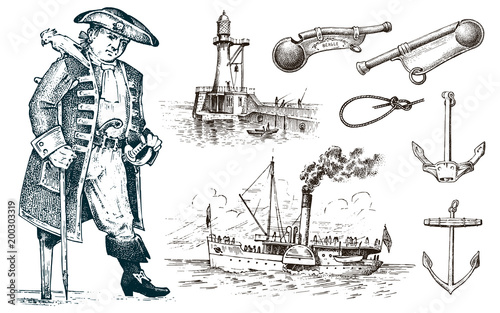 Pirate and Lighthouse and sea captain, marine sailor, nautical travel by ship. engraved hand drawn vintage style. summer adventure. Seagoing vessel and rope knots. Boat wheel and anchor.