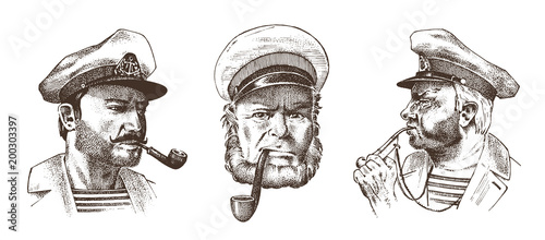 Boatswain with pipe. Portrait of a sea captain, Marine old sailor or bluejacket, whistle and seaman with beard or men seafarer. travel by ship or boat. engraved hand drawn in old vintage sketch.