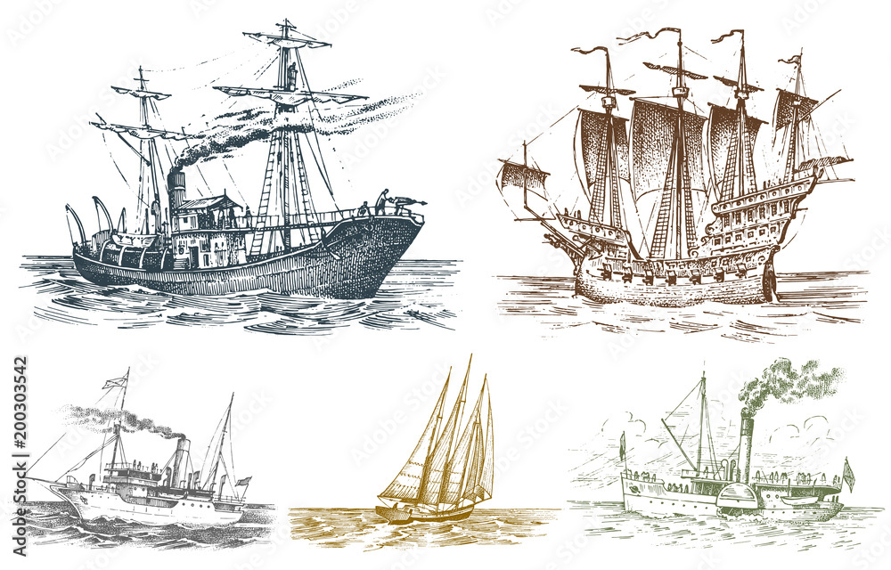Fototapeta Motor ship in the sea, summer adventure, active vacation. Seagoing vessel with steam smoke from the pipe, nautical sail, marine boat. water transport in the ocean. engraved hand drawn in vintage style