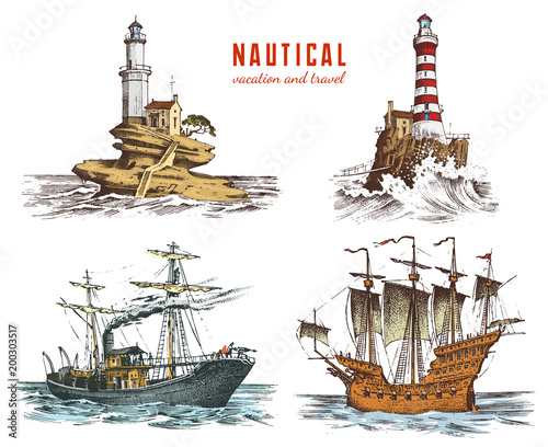 Lighthouse and sea. Marine sketch, nautical journey and seascape. Lighting in the ocean. engraved vintage, hand drawn, atlantic tidal wave. Navigation for ships and yachts.
